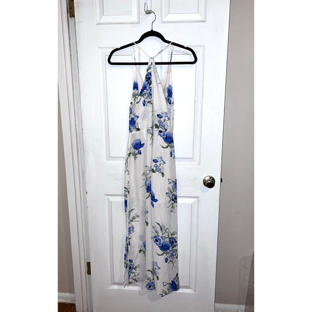 LUSH Women’s White Blue Spaghetti Straps Floral Sleeveless Bodycon Maxi Dress S